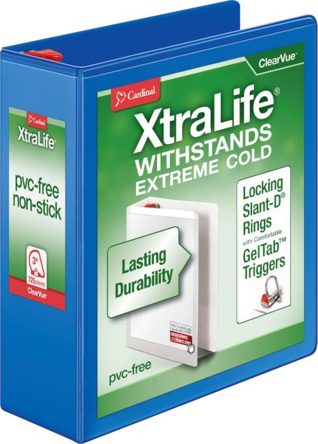Cardinal XtraLife ClearVue Non-Stick Locking Slant-D Ring Binder 3in Bulk, holds 725 Sheets, 98% post-consumer content Blue - ONLINE ONLY