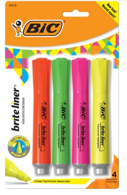 BIC® Brite Liner® Chisel Tip Highlighters 4-Pack Assorted  - 4+1 Bonus Pack