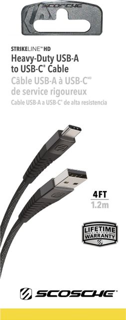 Scosche Strikeline Heavy Duty Premium USB Charge and Sync Cable 4ft USB-A to USB-C, Black - ONLINE ONLY