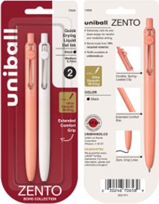 uniball Zento Liquid Gel Ink Retractable Pens, Medium Point (0.7mm), Boho Barrels, Black Ink, 2 Pack