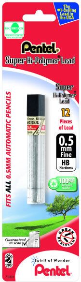 Pentel Super Hi-Polymer HB lead is equivalent to a #2 pencil, guaranteed to scanon tests, resists breaking.
